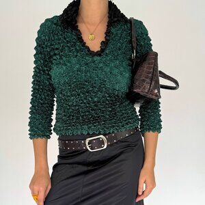 90s Y2K vintage green black funky stretchy collared popcorn top blouse polo